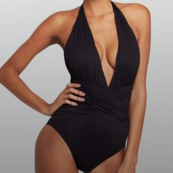 La Blanca Other - La Blanca Black Island Goddess Plunge Halter One Piece Swimsuit, Size 8